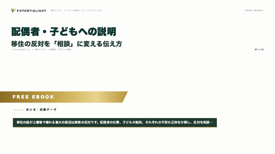 配偶者・子どもへの説明 — 移住の反対を「相談」に変える伝え方 eBook表紙